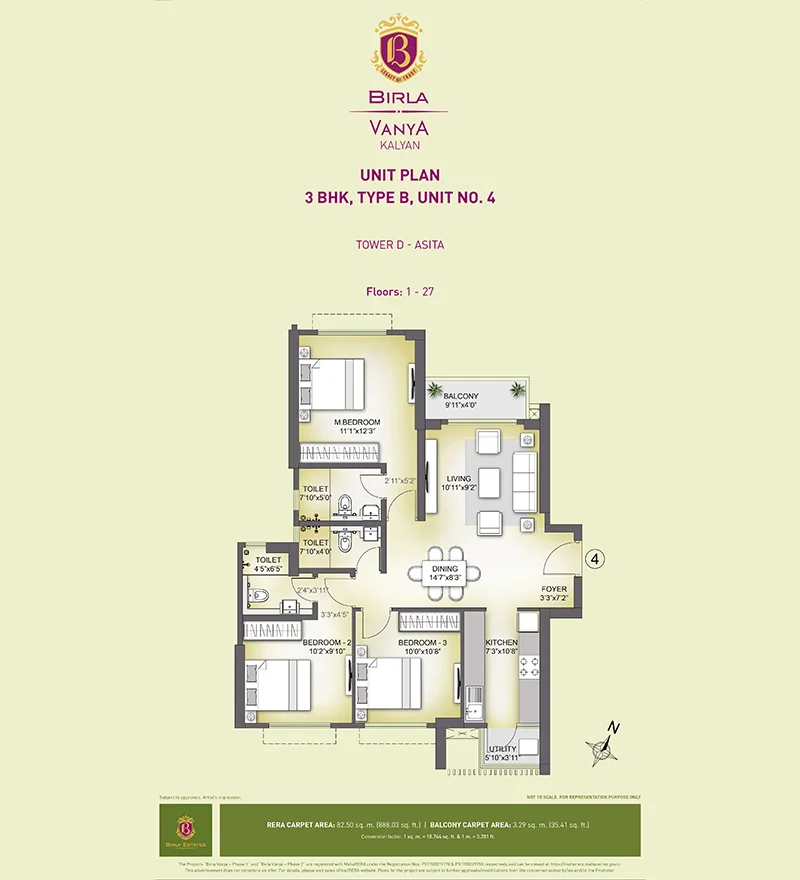 Unit Plan 3 BHK Tower D, Type B