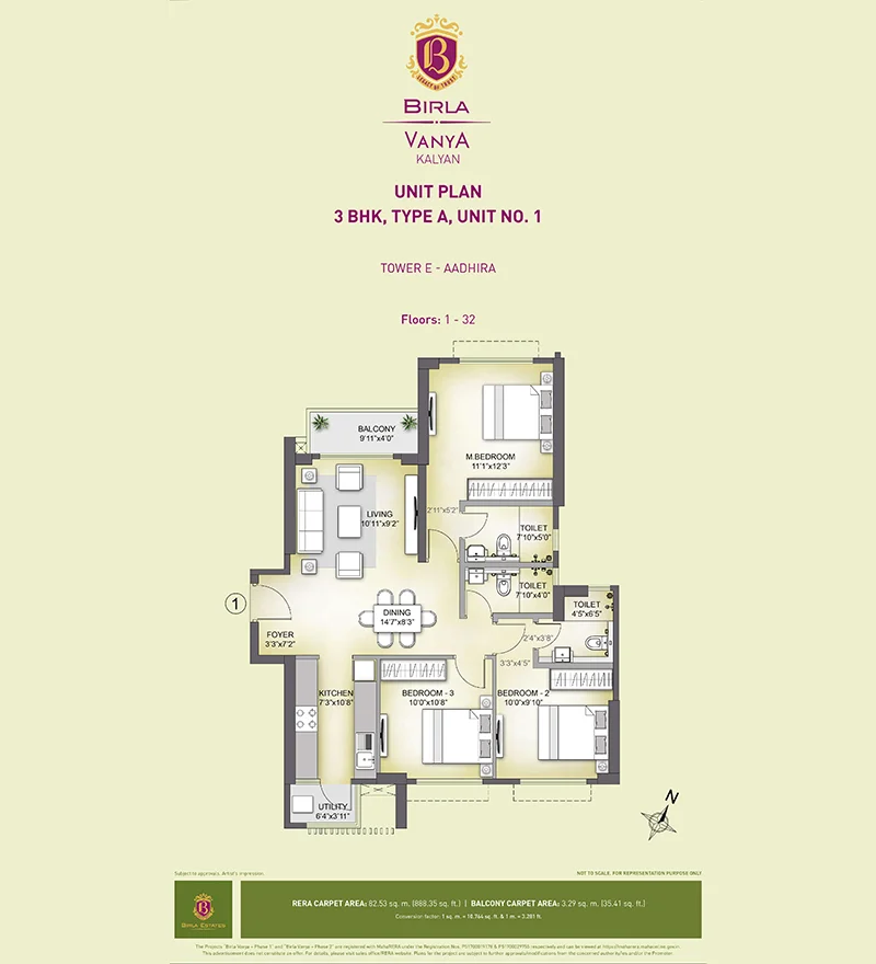 3 BHK, Type A, Unit No.1