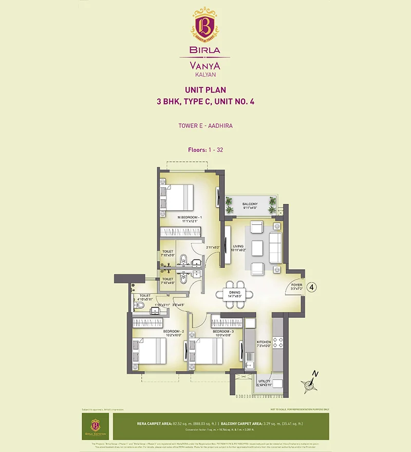 3 BHK Type C Unit 4 Floor Plan